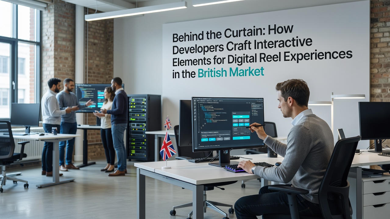 Developers reviewing interactive slot reel prototypes on multiple screens in a UK studio