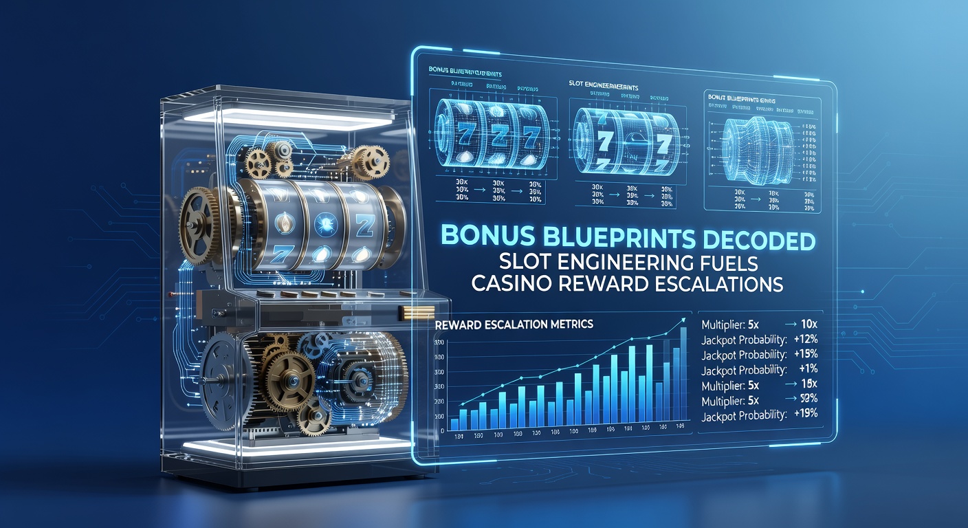 Digital blueprint overlay on a vibrant slot machine interface showing cascading bonus multipliers and escalating reward meters