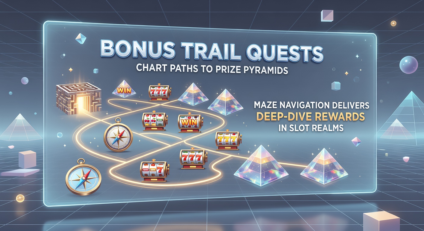 A vibrant slot game screen showing a winding bonus trail quest with branching paths leading toward glowing prize pyramids stacked high with multipliers and cash rewards
