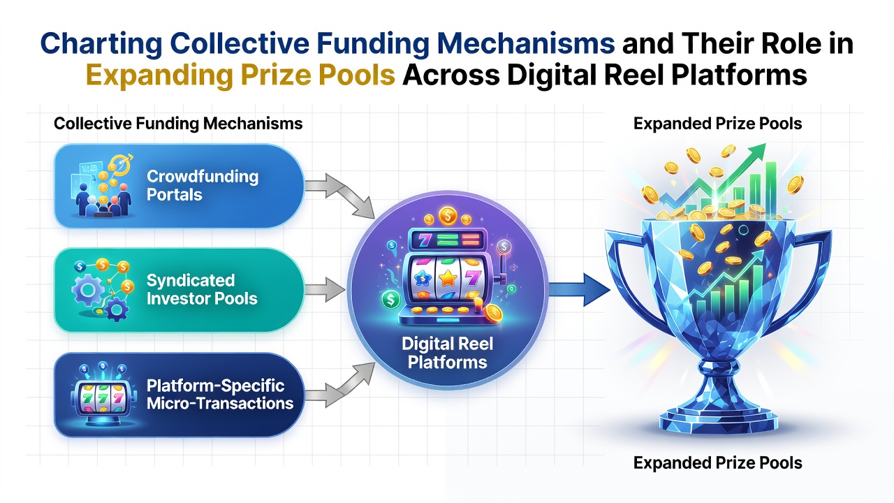 Illustration of interconnected digital reel platforms showing pooled contributions flowing into growing prize pools