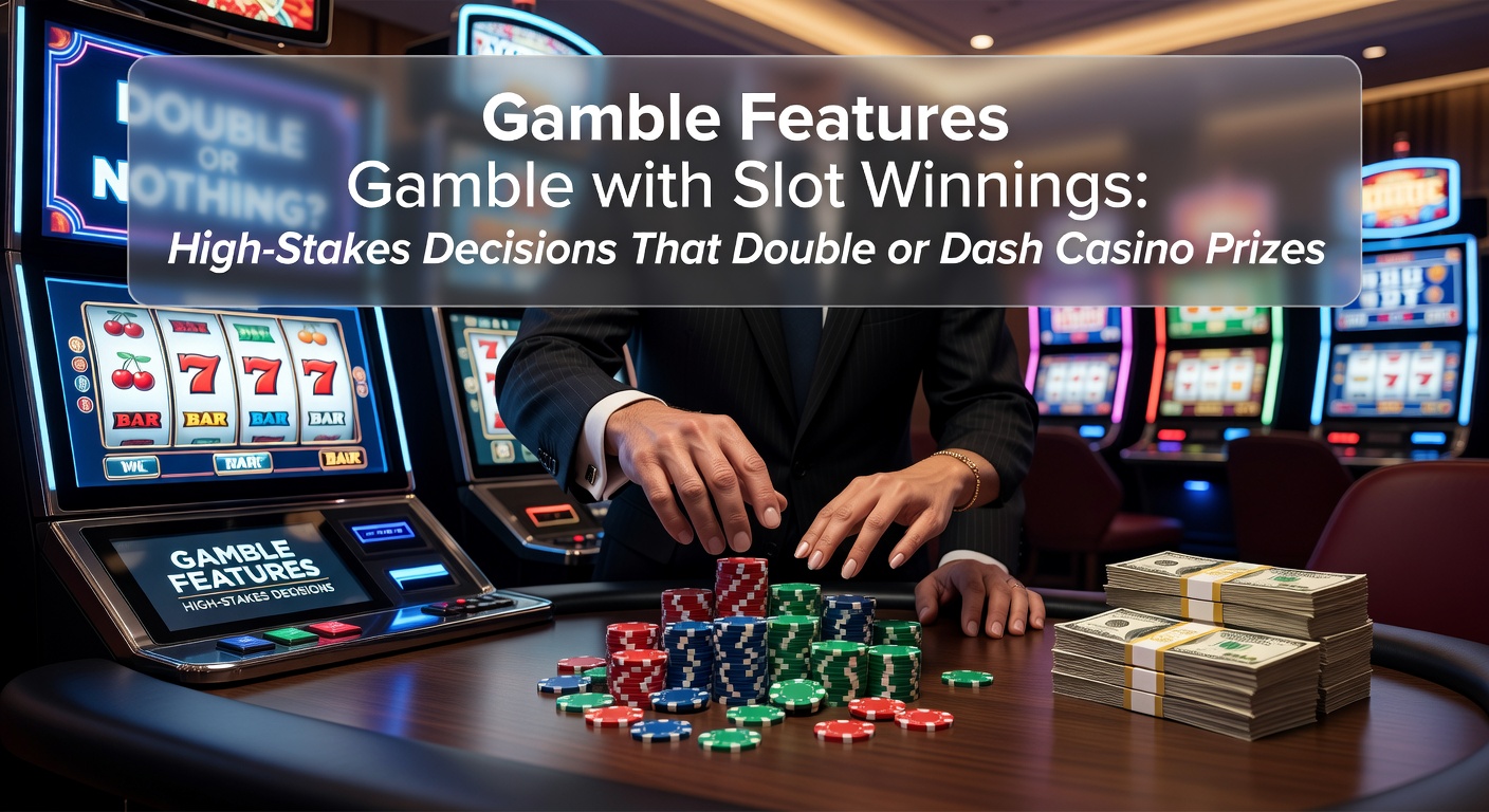 Slot screen showing a gamble button glowing red after a win, with cards flipping for hi-lo decision