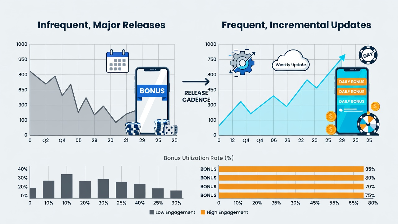 Charts and graphs displaying bonus redemption rates tied to different game release schedules among UK mobile users