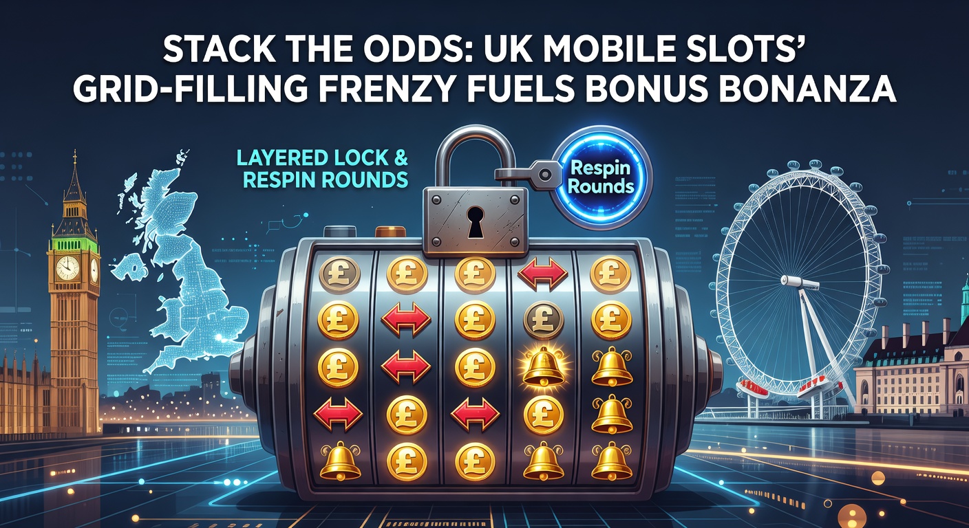 Close-up of a layered respin interface on a mobile slot, with multiple locked symbol tiers stacking multipliers and a nearly full bonus grid glowing with potential payouts