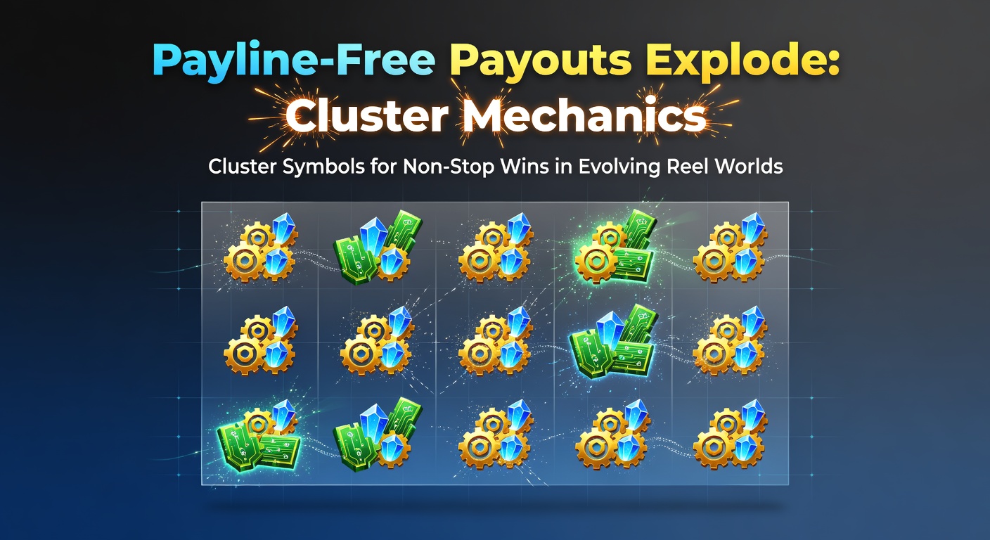 Vibrant cluster pay slot screen showing exploding symbol groups and cascading wins on dynamic reels