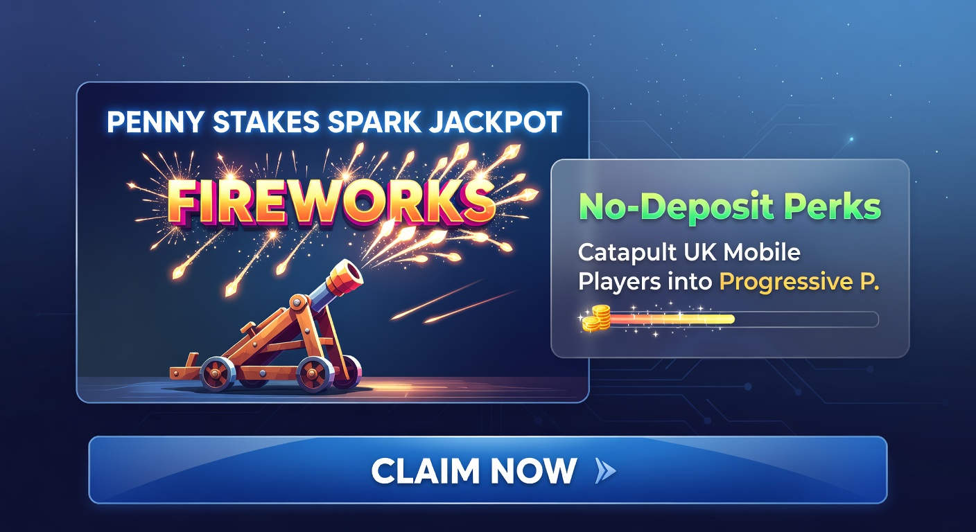 Mobile phone displaying a progressive jackpot win from a penny stake, with no-deposit bonus icons and fireworks effects