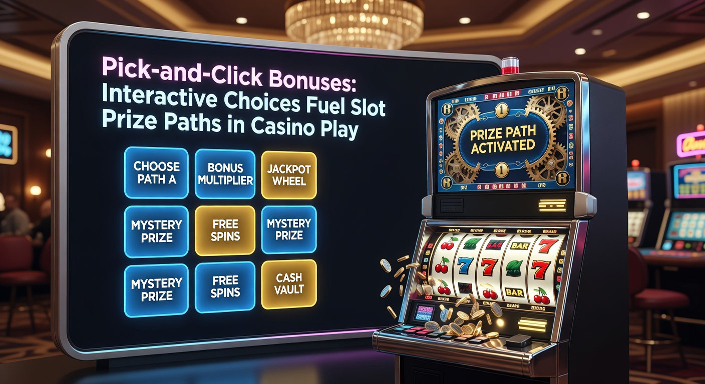 Vibrant slot screen showing pick-and-click bonus with treasure chests and prize reveals