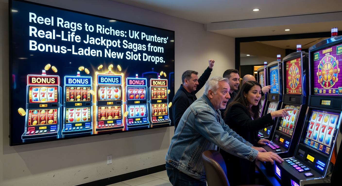 Close-up of slot reels bursting with bonus symbols, gold coins and jackpot meters overflowing against a dramatic backdrop of new game graphics