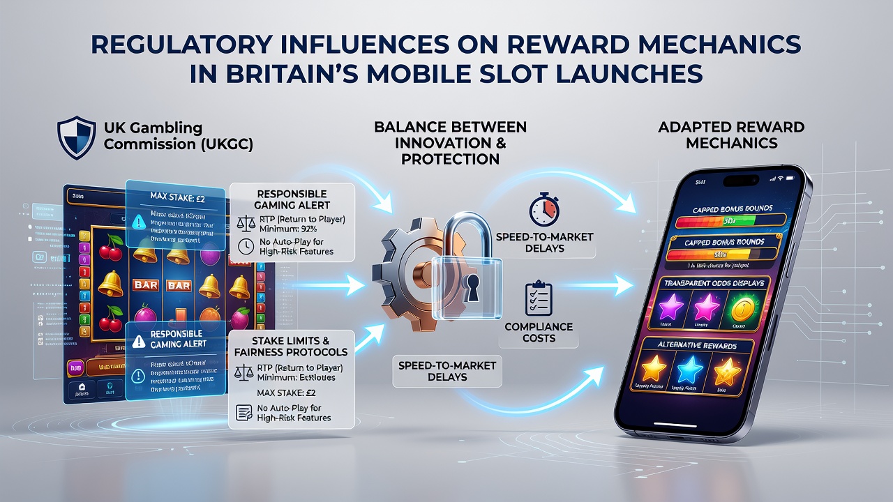 Regulatory documents and mobile slot interfaces displayed on screens showing compliance checks for reward systems