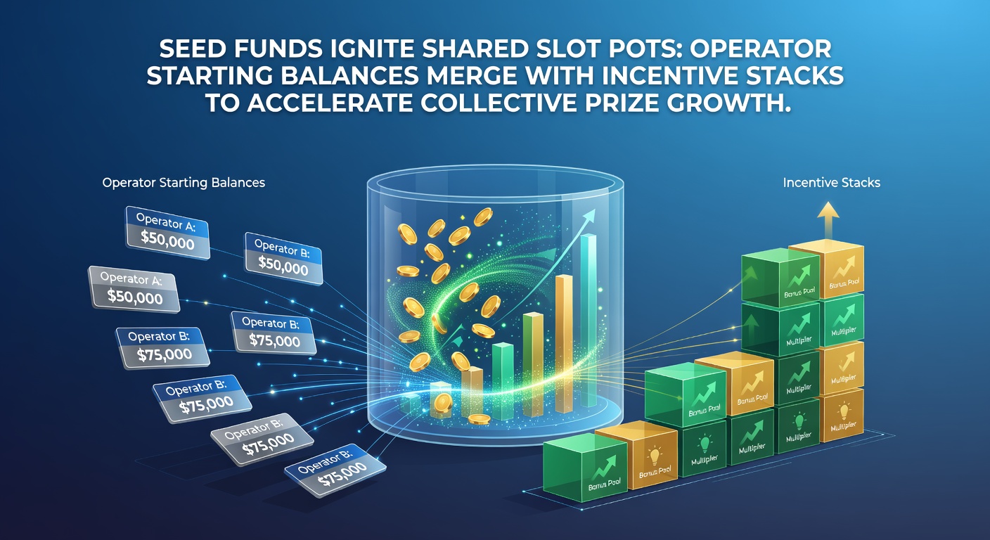 Diagram illustrating seed funds flowing into a shared progressive jackpot pot, with operator balances and incentive layers stacking to boost growth