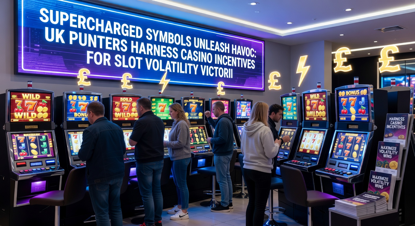 UK punter celebrating a massive slot win on a mobile screen, with supercharged symbols glowing amid casino bonus notifications and volatility charts