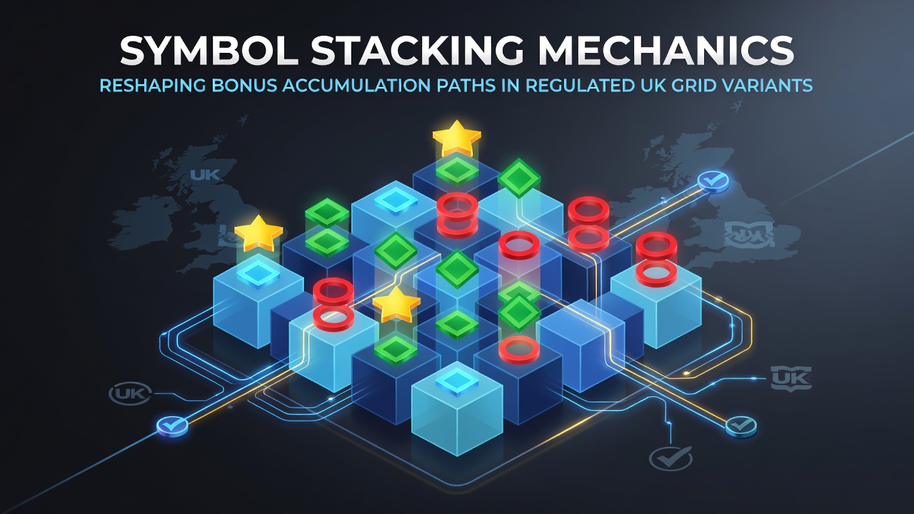 Grid-based slot interface showing stacked symbols building bonus paths in a regulated UK variant