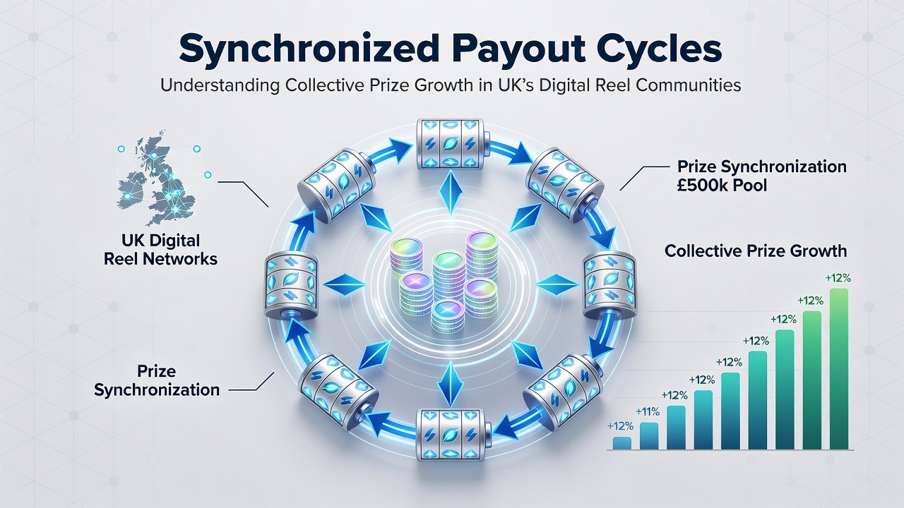 Networked digital reel interfaces displaying synchronized progressive prize meters across multiple UK online slot platforms