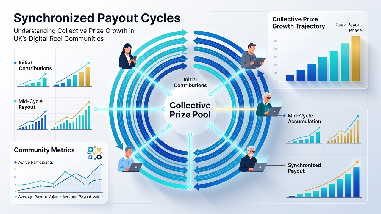 Data visualization charts showing collective prize meter growth across synchronized UK digital slot networks during evening peak hours