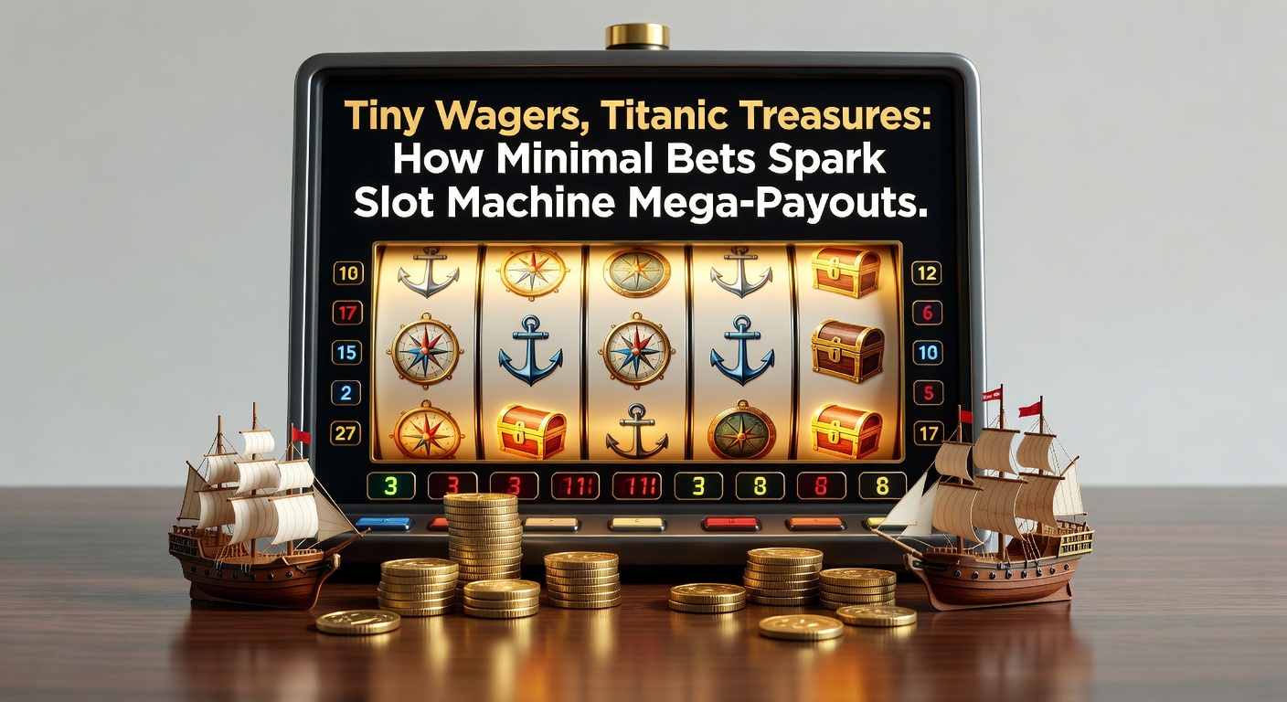 A vibrant slot machine screen displaying a massive jackpot win triggered by a small bet, with coins cascading and lights flashing in celebration