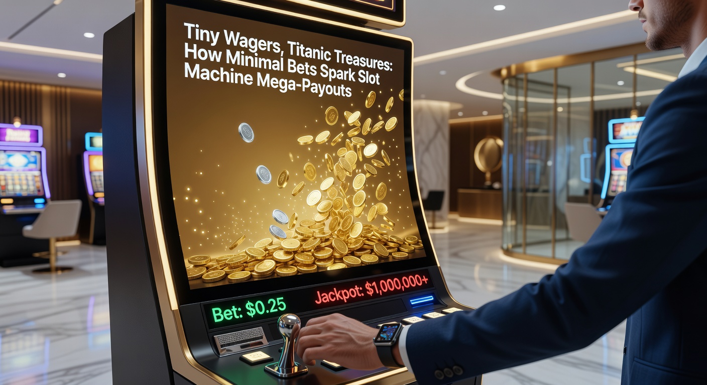 Close-up of a player's hand inserting a minimal coin into a classic slot machine, with the jackpot meter glowing massively in the background amid cheering crowds