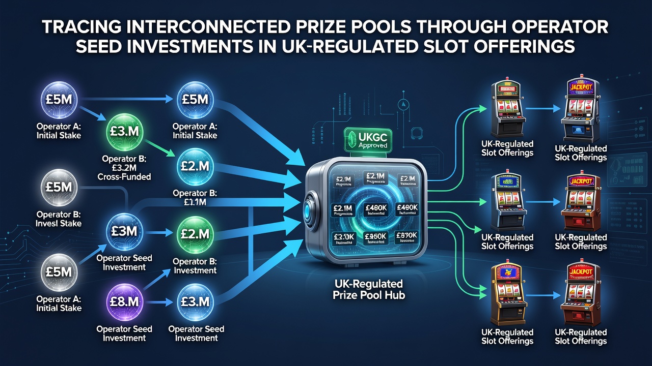 Flowchart illustrating seed investment contributions merging into shared UK slot prize pools