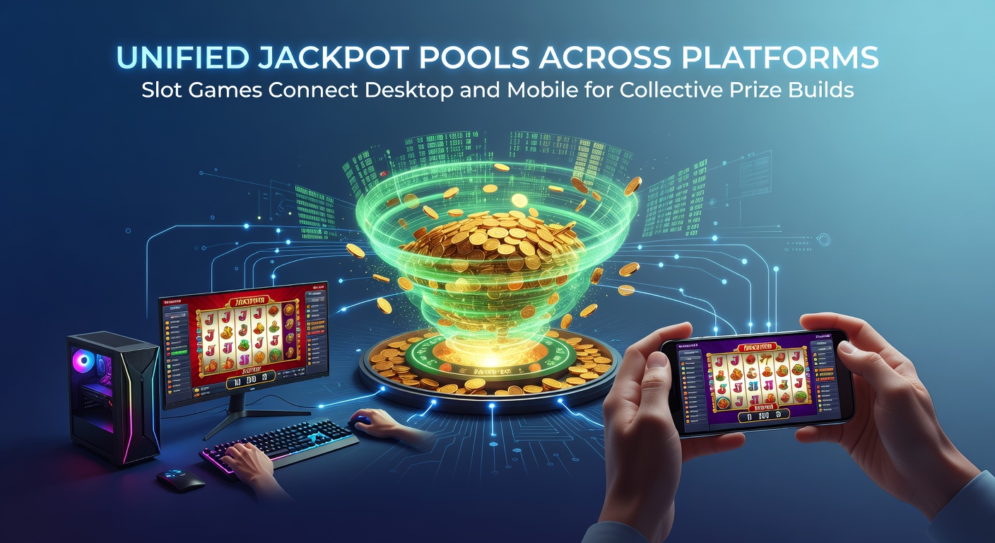 Digital graphic showing desktop and mobile slot interfaces linked by a glowing jackpot pool, symbolizing unified prize contributions from all players
