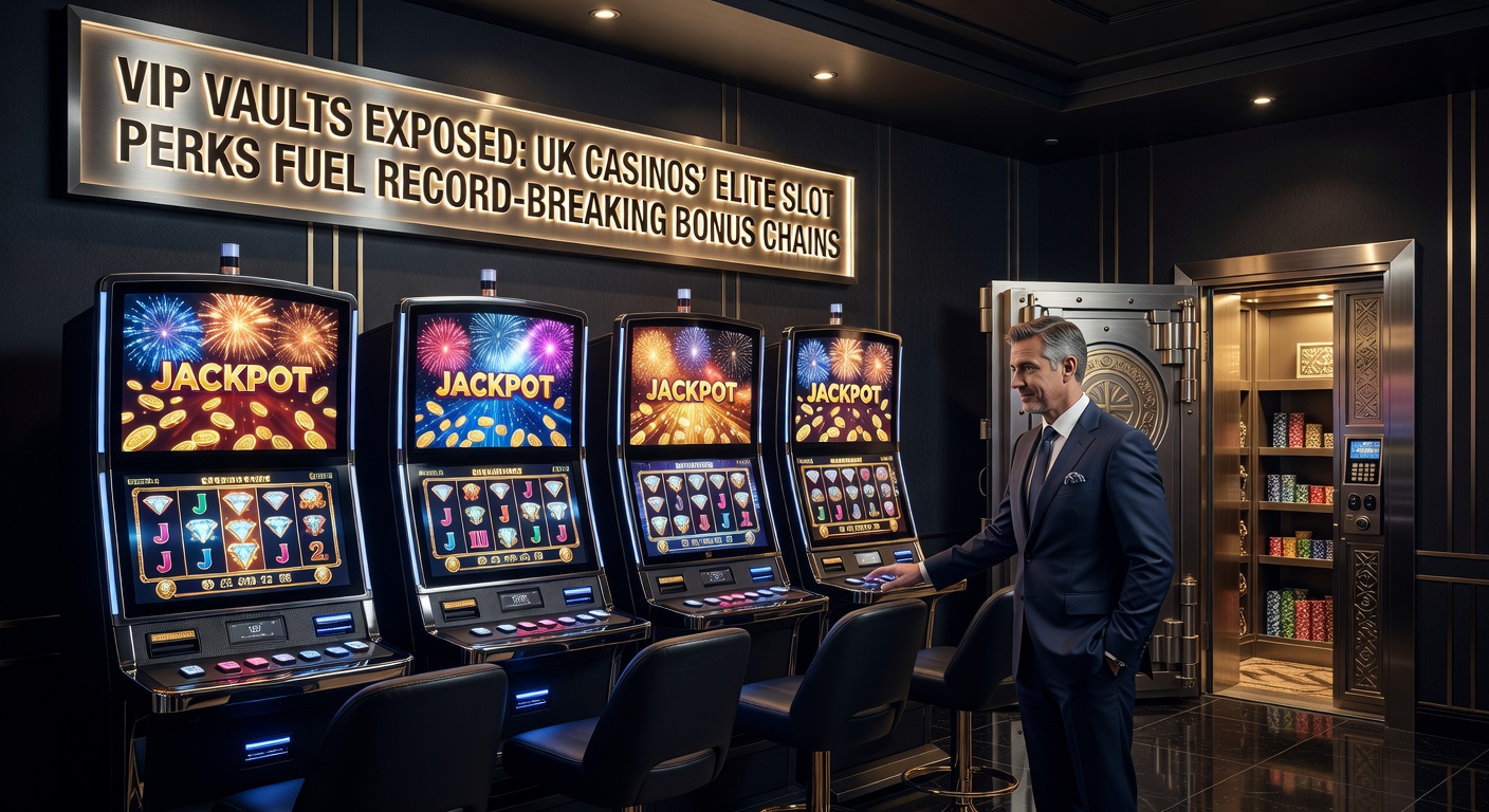 Glowing VIP vault door in a luxurious UK casino, surrounded by high-limit slot machines and elite perks signage