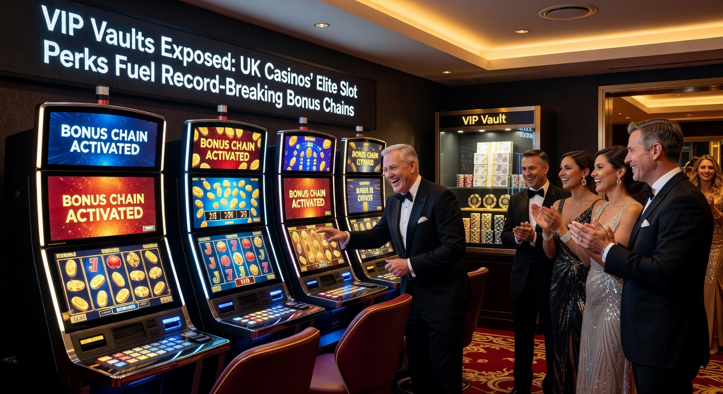High-roller activating a VIP slot bonus chain, with cascading multipliers and vault-themed symbols exploding on screen
