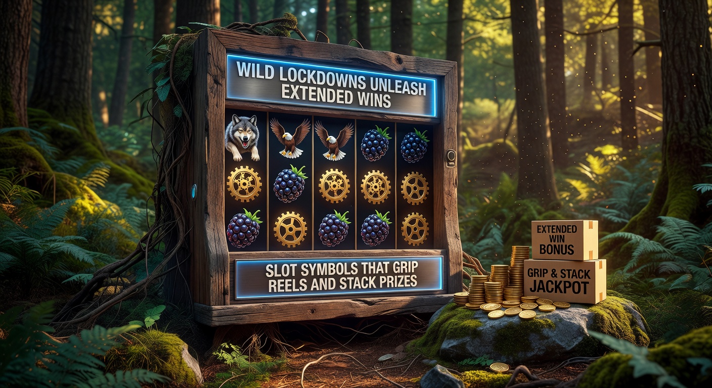 Vibrant slot machine display capturing wild symbols locked in place across multiple reels during an intense lockdown sequence, with prizes stacking dramatically